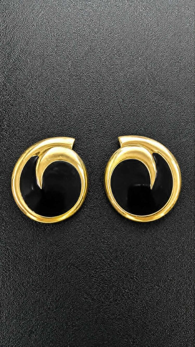 Vintage Monet black enamel gold tone swirl clip on earrings